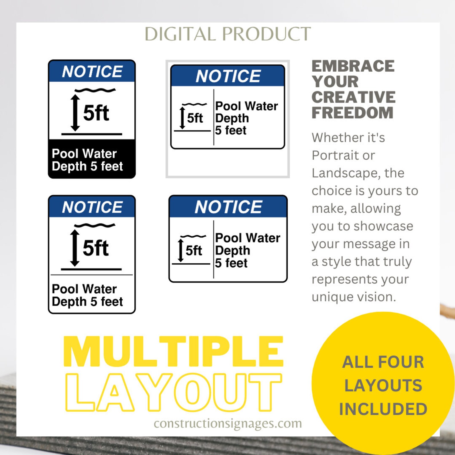 Pool Depth Signage Examples Pool Water Depth 5 Feet, Printable Safety Signages, Digital Download - Etsy
