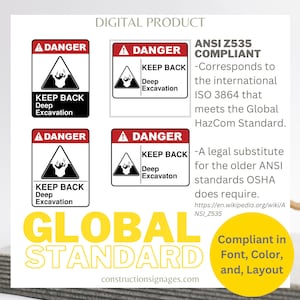 Keep Back, Deep Excavation, Printable Safety Signage, Digital Download