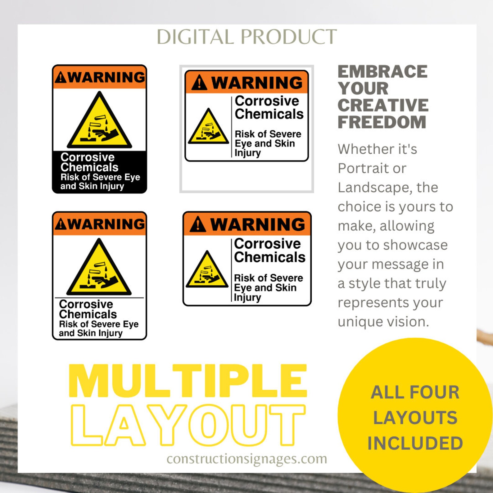 Corrosive Chemicals, Risk of Severe Eye and Skin Injury, Printable ...