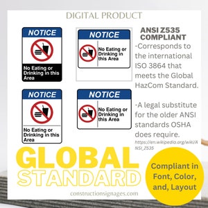 No Eating or Drinking in This Area, Printable Safety Signage, Digital Download