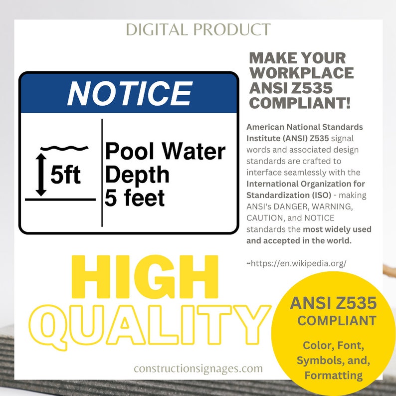 Pool Water Depth 5 Feet, Printable Safety Signages, Digital Download - Etsy