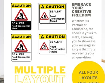 Be Alert, Road Construction Ahead, Printable Safety Signage, Digital Download