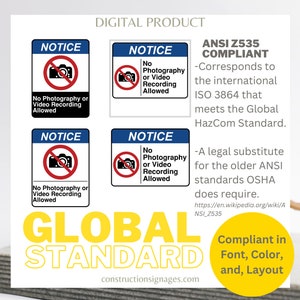 No Photography or Video Recording Allowed, Printable Safety Signages, Digital Download