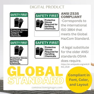 Se requieren guantes de protección para manipular productos químicos. Señal de seguridad imprimible. Descarga digital.