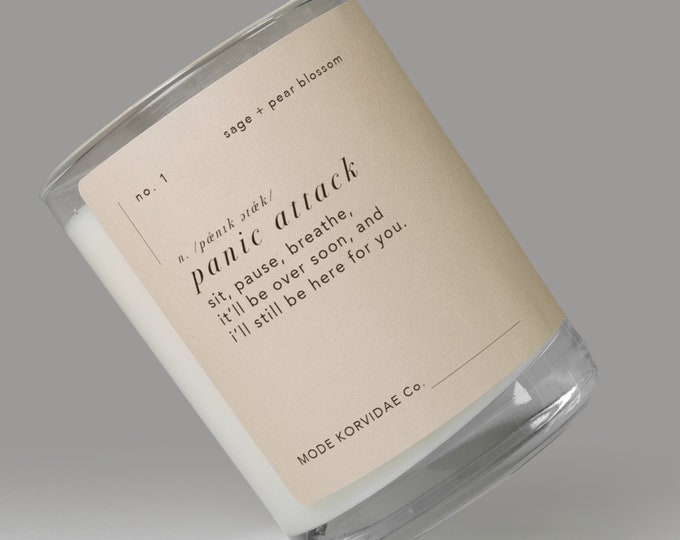 panic attack candle -  mental health inspired luxury poetry candles for a cause - sage & pear blossom non-toxic coconut wax blend