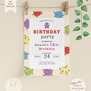 May include: A birthday party invitation featuring a beige background with cartoon fruit illustrations. The invitation includes the text "BIRTHDAY party" and details for Daniel's 10th birthday on September 24th at 9 AM.