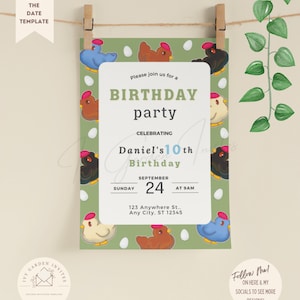 May include: A birthday party invitation featuring a green background with cartoon chickens and eggs. The invitation includes the text "BIRTHDAY party" and details for Daniel's 10th birthday on September 24th.