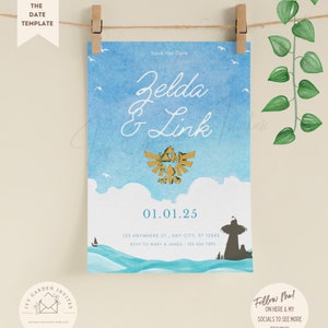 May include: A watercolor-style wedding invitation with a blue sky background, featuring the text "Zelda & Link" and a gold emblem. The date "01.01.25" is displayed, along with RSVP details. The invitation is held by a wooden clothespin.