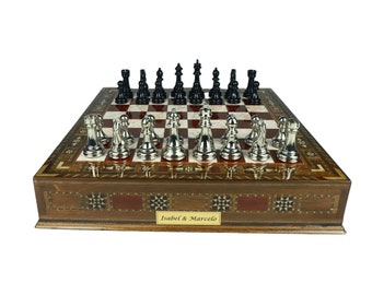 Customize Luxury Mosaic inlaid chess set with drawer and metal chess pieces - Rosewood Chess box with storage and Black-Silver Chess Pieces