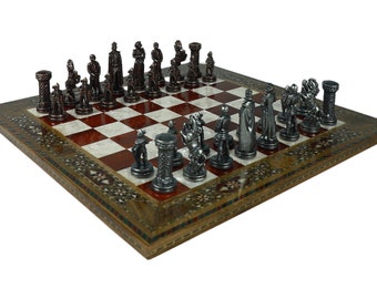 Flat Mosaic Chess Board with British Medieval History Themed Zinc Chess Pieces -Brown-Red-Black-Blue Board Options Available
