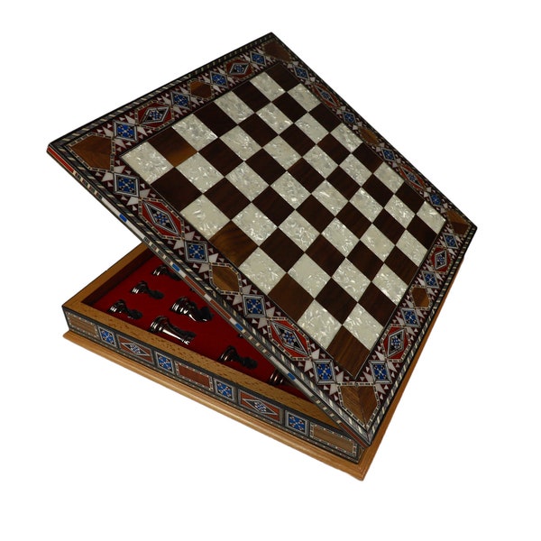 Premium Mosaic Inlaid Chess Set With Metal Pieces - Wooden Chess Board with Storage and Classic pieces