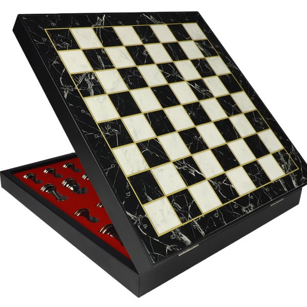 14.5" Premium Marble Pattern Chess Set - Travel Chess Set with Metal Pieces - Decorative Chess Set - Parents Anniversary Gift