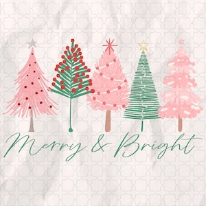 Joyeux et lumineux PNG, arbres de Noël roses et verts, design en sublimation de vacances groovy, jolis arbres de Noël chemise PNG, téléchargement numérique