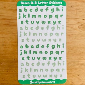 Green lowercase alphabet stickers | A-Z letter stickers in dark green and light green shades | Journaling stickers | Scrapbook stickers