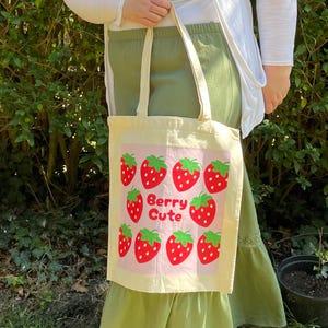 Berry Cute Tote Bag | Reusable, Eco-Friendly. Natural 100% cotton Tote bag | Strawberry Summer Fruit theme.