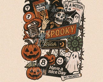 Vintage Halloween Collage PNG, Retro Spooky Witch Motel Sublimation Design, Pumpkin Ghost 8 Ball Fall Clipart, Creepy Aesthetic, Trendy Fall