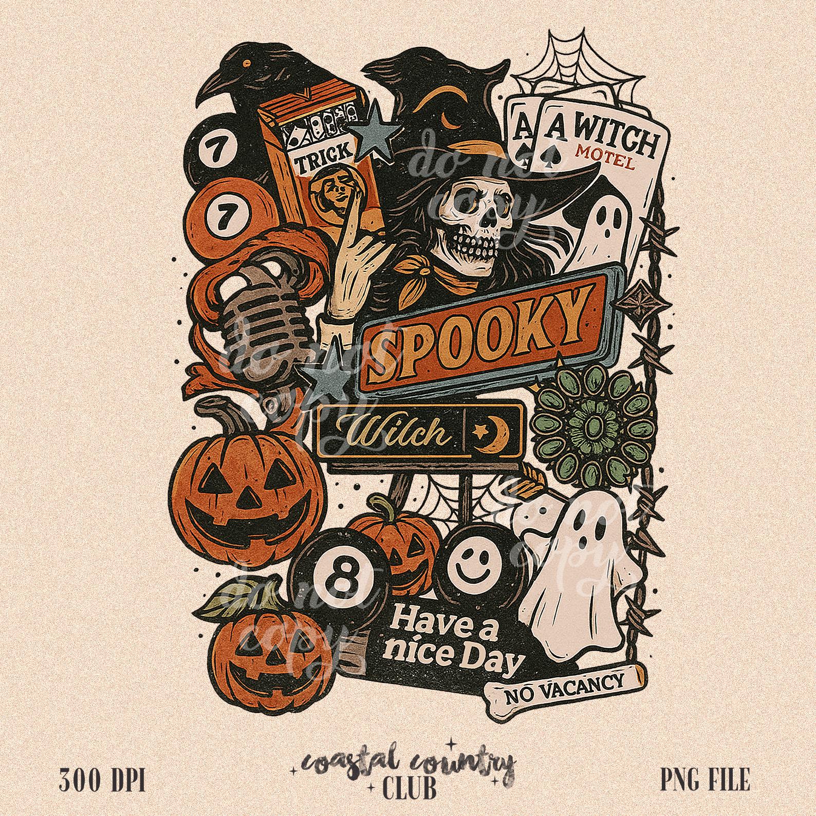 Vintage Halloween Collage PNG, Retro Spooky Witch Motel Sublimation Design, Pumpkin Ghost 8 Ball Fall Clipart, Creepy Aesthetic, Trendy Fall