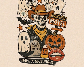 Spooky Western Skeleton Collage PNG, Halloween Cowboy Sublimation Design, Pumpkin Ghost Clipart, Vintage Motel Png, Trendy Halloween Png