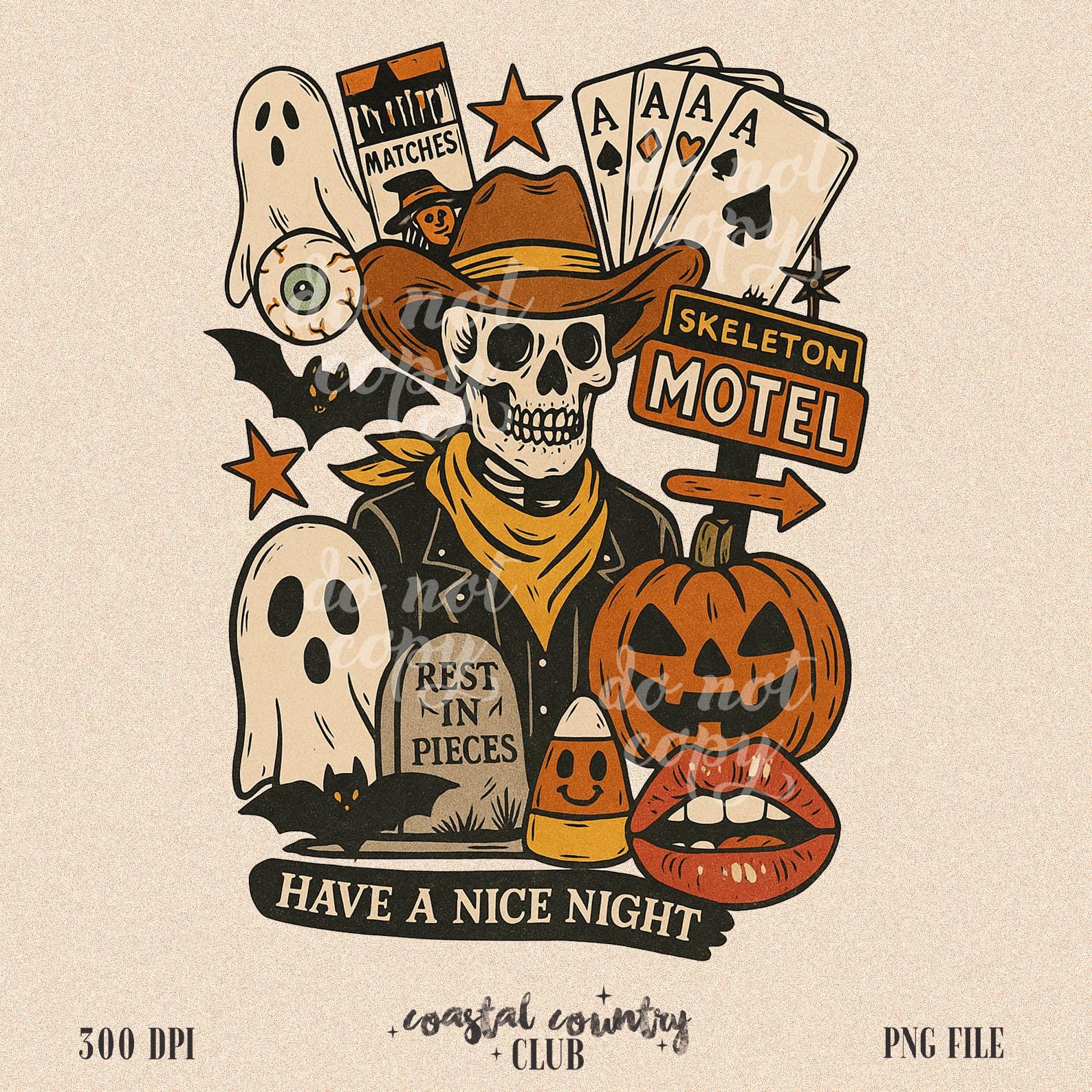 Spooky Western Skeleton Collage PNG, Halloween Cowboy Sublimation Design, Pumpkin Ghost Clipart, Vintage Motel Png, Trendy Halloween Png