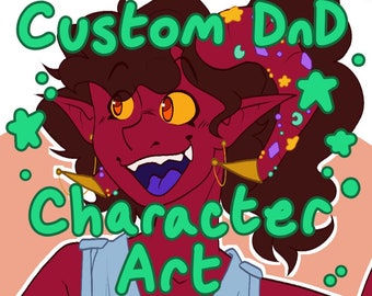 Könnte beinhalten: Eine digitale Illustration eines rot-häutigen Charakters mit Hörnern und einem breiten Lächeln. Der Charakter trägt einen goldenen Ohrring und einen bunten Zopf. Der Text "Custom DnD Character Art" ist in grünen Buchstaben auf einem rosa Hintergrund geschrieben.