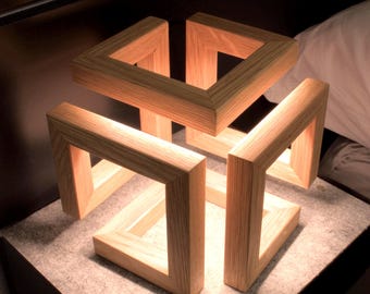 Endless Cube Table Lamp, Solid Walnut, White Oak Desk Dimmable Light (7" Handmade Cube)