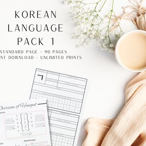 May include: A printable Korean language learning pack with 90 pages. The pack includes a chart of Korean consonants, vowels, and diphthongs. The text on the page reads "Overview of Hangul".