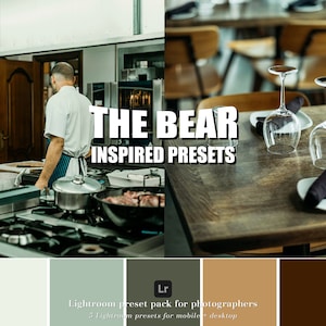 Könnte beinhalten: Ein Satz Lightroom-Presets, inspiriert von der TV-Serie "The Bear". Die Presets sind für Fotografen konzipiert und beinhalten 3 Presets für Mobilgeräte und Desktop. Das Bild zeigt eine Farbpalette aus Hellgrün, Dunkelgrün, Braun und Dunkelbraun.