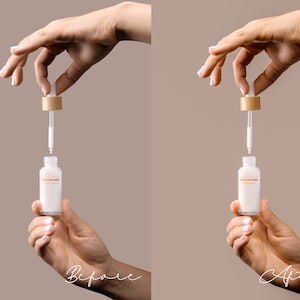 May include: Before and after image showing a white bottle with a wooden dropper cap. The bottle is being held by a hand and the dropper is being squeezed to dispense liquid.