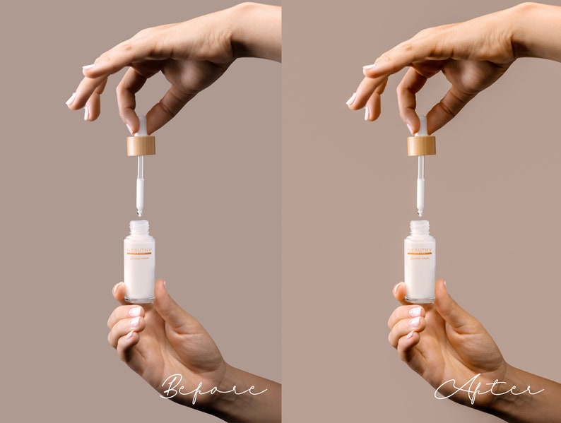 May include: Before and after image showing a white bottle with a wooden dropper cap. The bottle is being held by a hand and the dropper is being squeezed to dispense liquid.