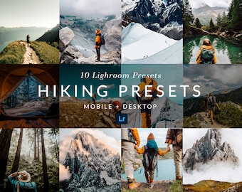 May include: A collage of 10 images showcasing the beauty of hiking in the mountains. The images feature scenic views, hikers, and camping gear. The text "10 Lightroom Presets" and "HIKING PRESETS" is displayed in the center of the collage. The text "MOBILE + DESKTOP" is displayed below the text "HIKING PRESETS".