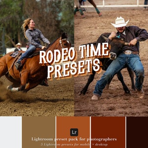 Könnte beinhalten: Ein digitales Produkt für Fotografen mit 5 Lightroom-Voreinstellungen. Das Bild zeigt eine Frau, die ein Pferd reitet, und einen Mann, der in einem Rodeo-Setting einen Stier ringt. Der Text "RODEO TIME PRESETS" wird in einer Vintage-Schriftart angezeigt. Das Bild enthält auch eine Farbpalette aus Braun, Orange und Rot.