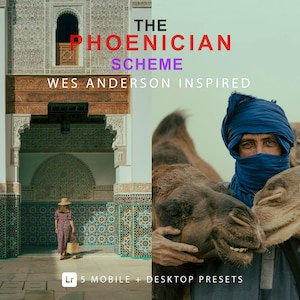 Förinställningar för The Phoenician Scheme, Wes Anderson-förinställningar i Lightroom, förinställningar för färggradering // 5 premiumförinställningar för mobil och dator