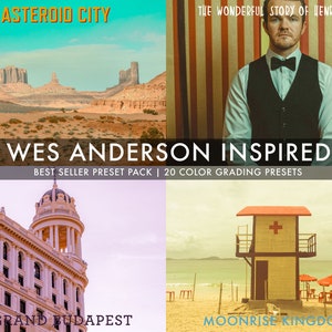 May include: A collage of four images showcasing Wes Anderson inspired colour grading presets. The images include a desert landscape, a man in a waistcoat, a building with a dome, and a lifeguard stand on a beach. The text "Wes Anderson Inspired" is displayed in the centre of the collage, along with the text "Best Seller Preset Pack | 20 Colour Grading Presets".