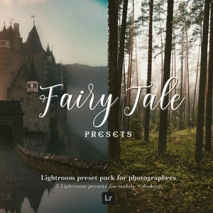 May include: A digital product listing for Lightroom presets called "Fairy Tale Presets". The image shows a fairytale castle in a misty forest and a separate image of a forest with tall trees.