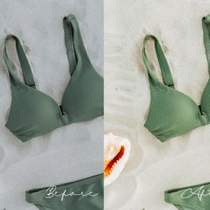 May include: A green ribbed bikini top and bottom on a sandy beach background. The top has a plunging neckline and the bottom is a simple, high-waisted style.