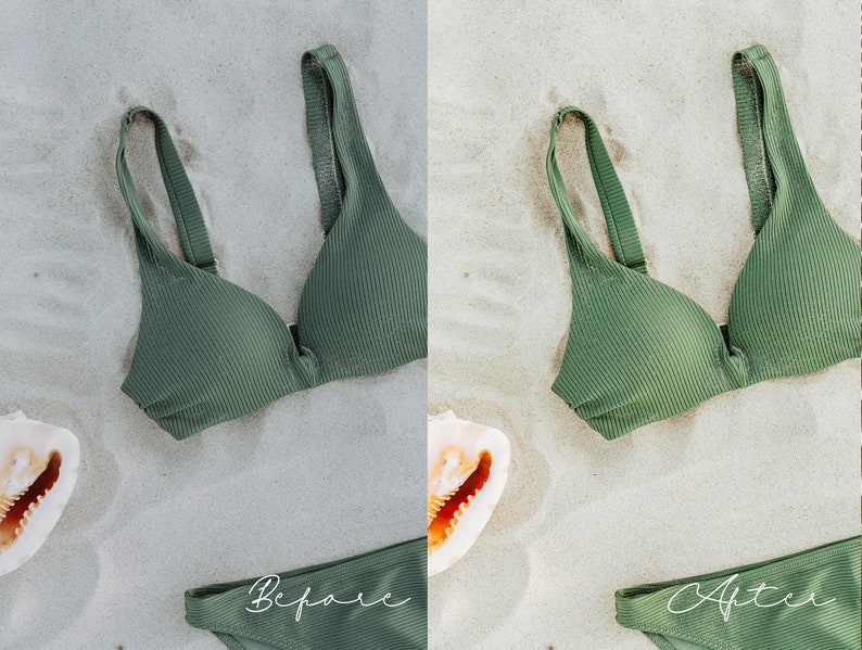 May include: A green ribbed bikini top and bottom on a sandy beach background. The top has a plunging neckline and the bottom is a simple, high-waisted style.
