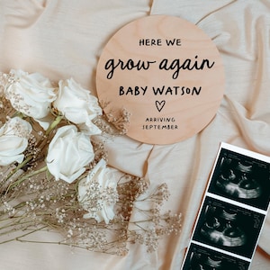 Here We Grow Again Digital Pregnancy Announcement, Gender Neutral Digital Baby Announcement - Bouquet and Ultrasound