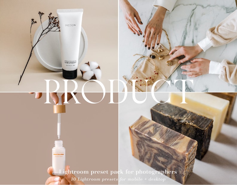 May include: A product photography preset pack for Lightroom. The pack includes 10 presets for mobile and desktop. The image shows a variety of products, including a tube of face cream, a bottle of serum, and bars of soap.