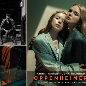 May include: Two women in a studio setting, one wearing a light blue striped blazer and the other wearing a dark green blazer. The women are embracing each other. The text "Christopher Nolan Inspired Oppenheimer 5 Lightroom Presets. Mobile + Desktop" is at the bottom of the image.
