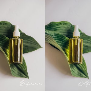 May include: A clear glass bottle with a white dropper top filled with a yellow liquid. The bottle is sitting on top of two green leaves.