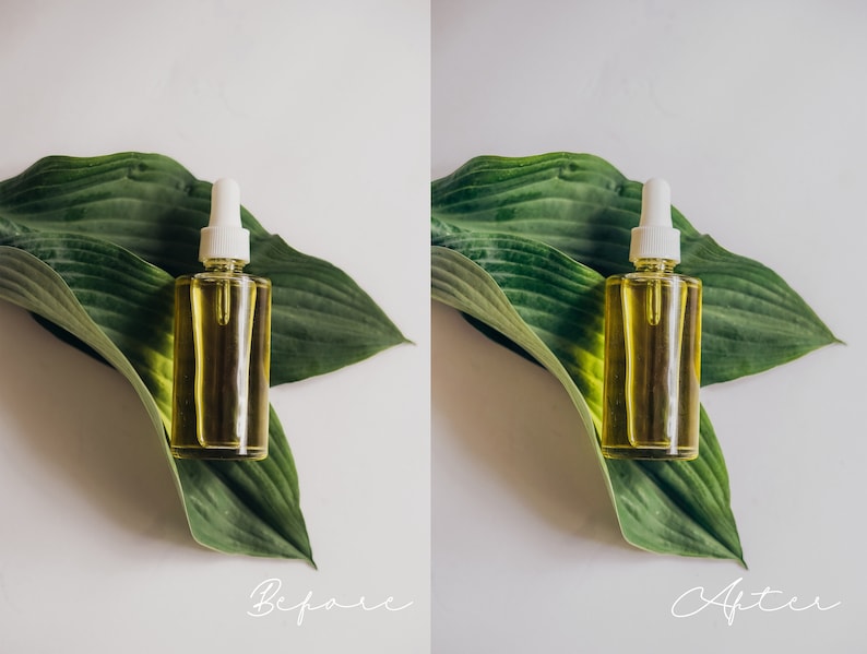 May include: A clear glass bottle with a white dropper top filled with a yellow liquid. The bottle is sitting on top of two green leaves.