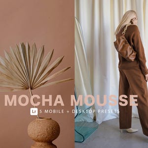 Puede incluir: Un collage de fotos con una mujer que lleva pantalones marrones y un jersey marrón con un bolso marrón. La mujer está de pie frente a una cortina blanca. La imagen también presenta una hoja de palmera seca en una maceta marrón sobre un fondo melocotón. El texto "MOCHA MOUSSE LR 5 MOBILE + DESKTOP PRESETS" se muestra en la imagen.