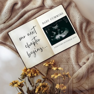 Pregnancy Announcement Digital Editable Pregnancy Announcement Template Simple Minimalist Style Neutral Aesthetic - Book Next Chapter Begins