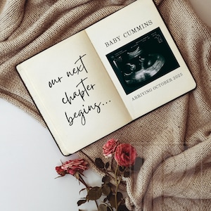 Simple Pregnancy Announcement Digital Editable Pregnancy Announcement Template Minimalist Style Neutral Aesthetic - Book Next Chapter Begins