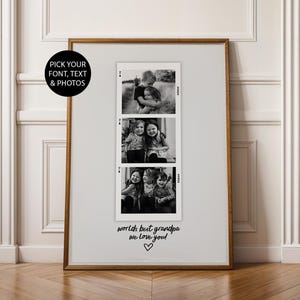 May include: Black and white photo collage of a grandfather with his grandchildren. The photos are arranged in a vertical strip with the text "world's best grandpa we love you" and a heart at the bottom.