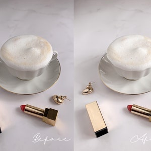 May include: A white cup with a gold rim filled with foamy cappuccino sits on a white saucer. A gold lipstick with a red bullet is on a white surface. The image is split into two sections, labeled "Before" and "After".