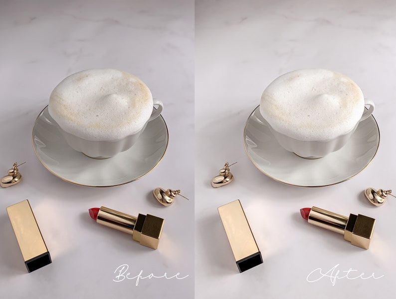 May include: A white cup with a gold rim filled with foamy cappuccino sits on a white saucer. A gold lipstick with a red bullet is on a white surface. The image is split into two sections, labeled "Before" and "After".