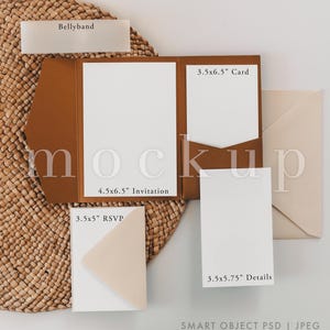 PocketFold Einladungs-Set, MockUp, Kupfer Boho Einladung Mockup, Pocket Fold Set Mock-Up | PSD Smart Objekt Echtes Foto