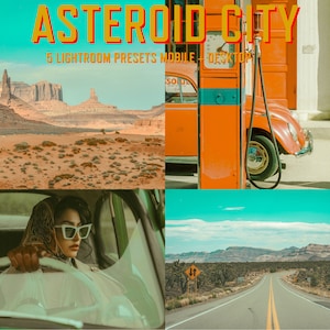 以下が含まれることがあります： モバイルとデスクトップの編集用の「Asteroid City」という名前の5つのLightroomプリセットのセット。プリセットは、写真にビンテージでレトロな外観を与えるように設計されています。画像は、ビンテージカーとガソリンスタンドのある砂漠の風景を示しています。