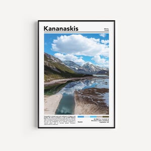 Pode incluir: Pôster emoldurado com uma paisagem cênica de Kananaskis, Canadá. A imagem mostra um lago refletindo o céu e as montanhas, com o texto "Kananaskis" no topo. O pôster inclui texto adicional com informações geográficas.